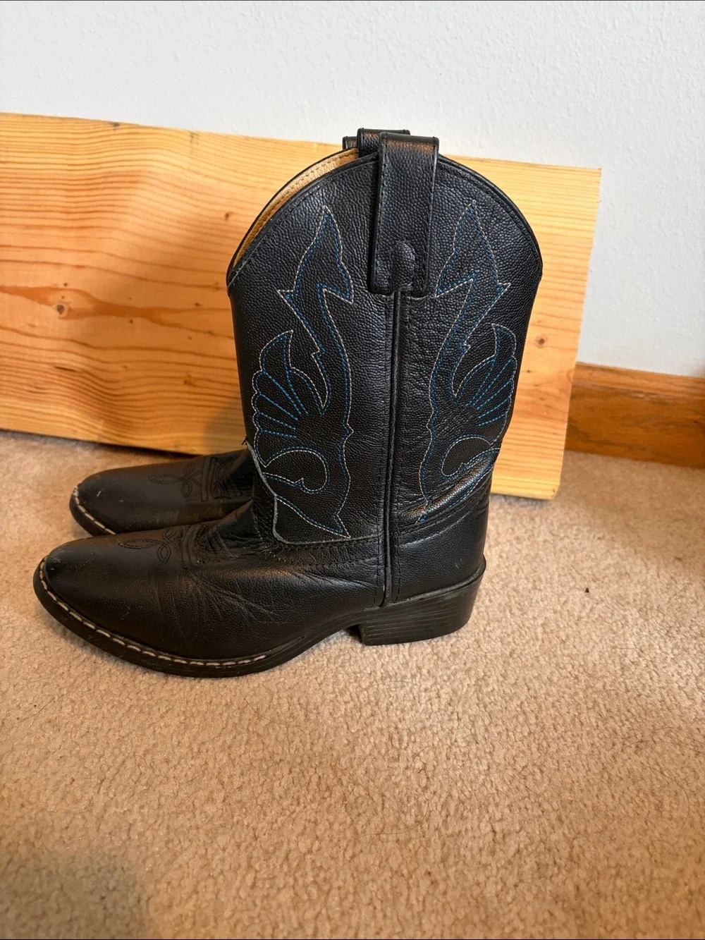 Kids Black Western Cowboy Boots with Blue Stitching - Youth Pull-On Style